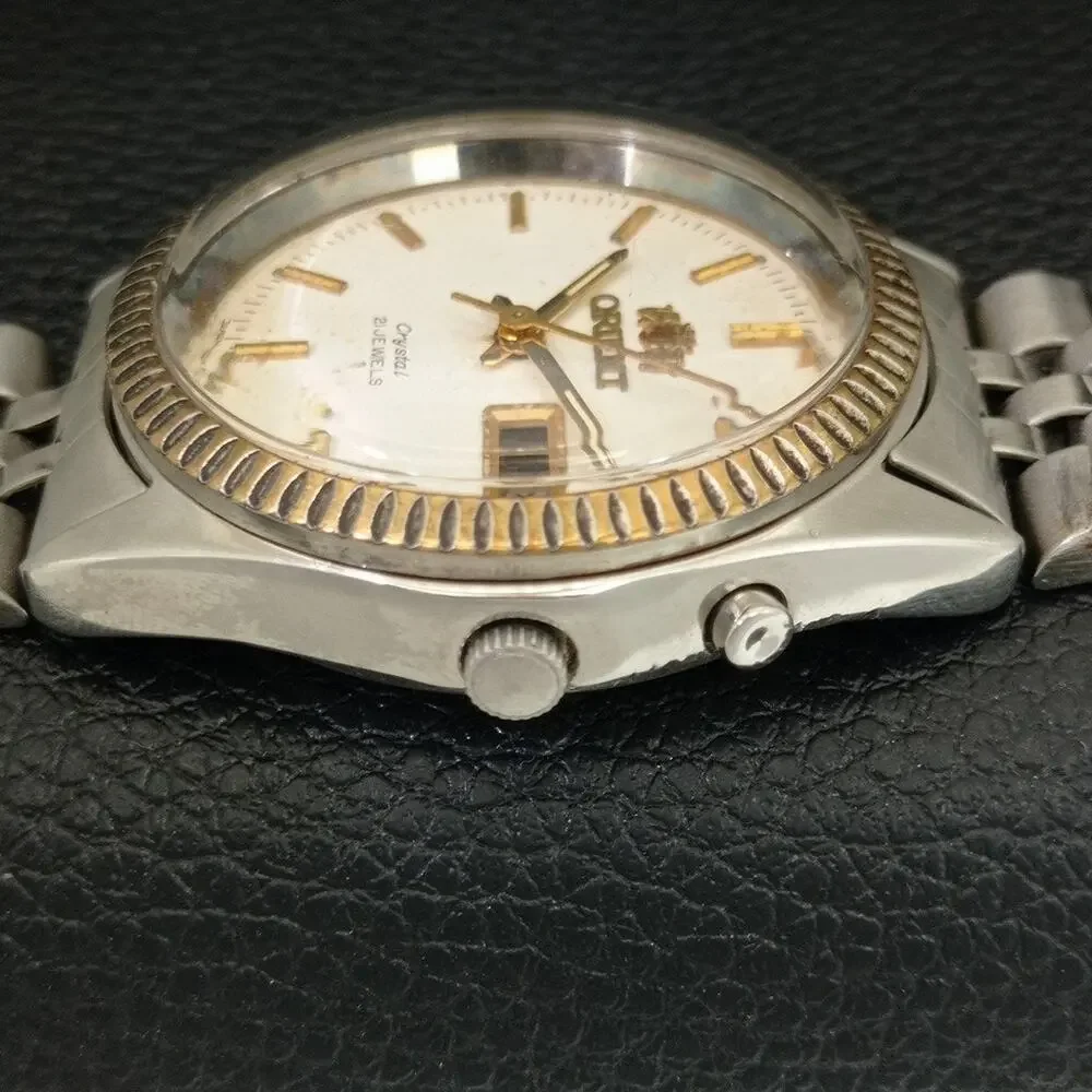 Vintage 1977 Orient Automatic Mens Silver Watch W/daydate & Gold accents